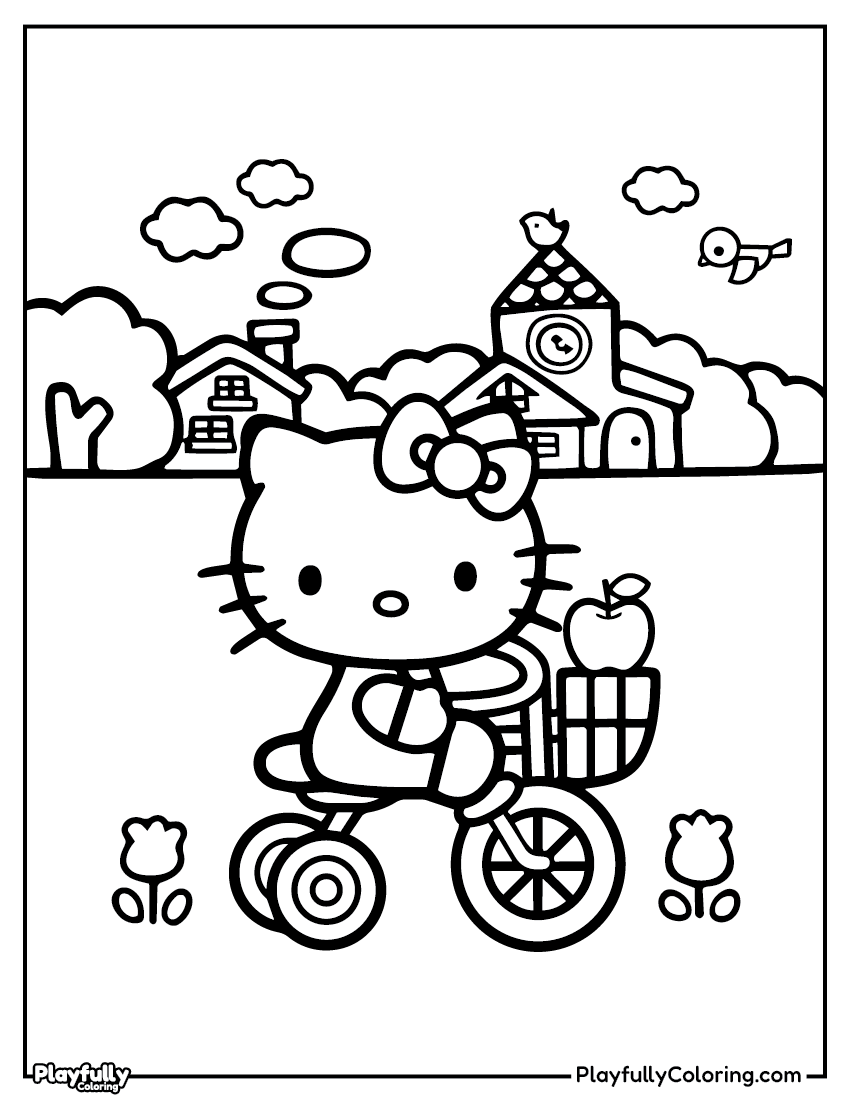 Hello Kitty town scene coloring page – Hello Kitty in a neighborhood scene with a Hello Kitty sign and buildings