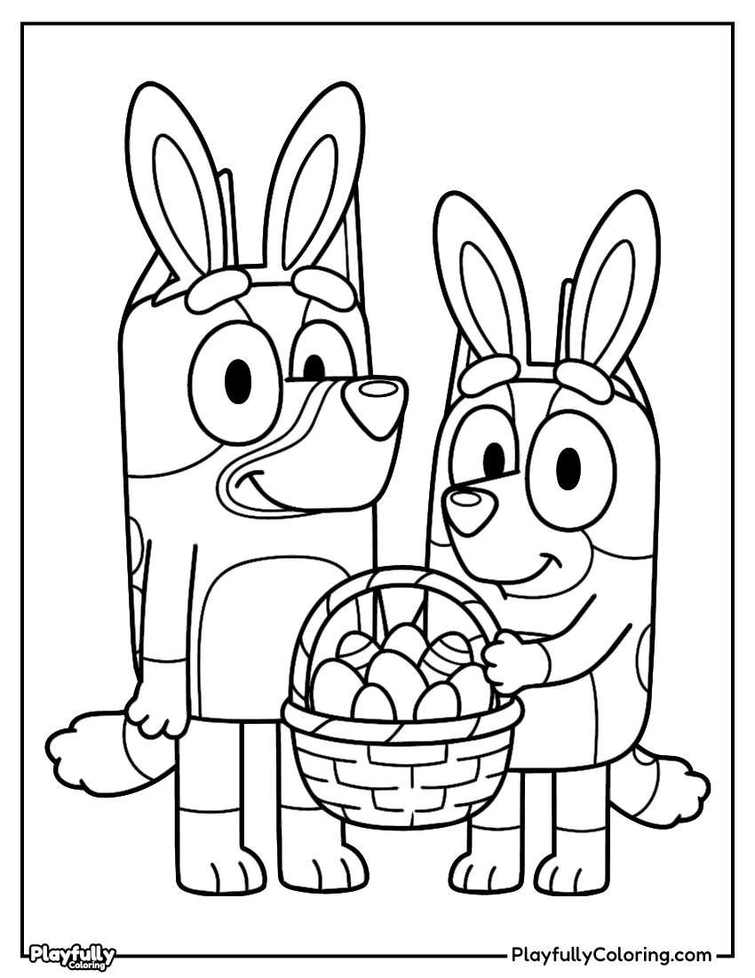 bluey and bingo dressed as easter bunnies coloring page free printable