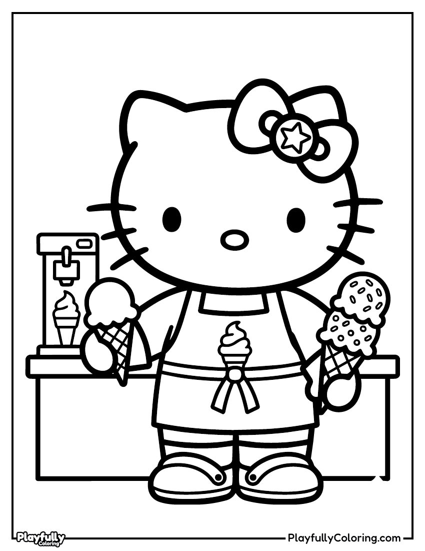 Hello Kitty ice cream coloring page – Hello Kitty standing next to a tall ice cream cone