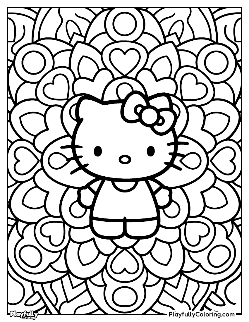 Hello Kitty mandala coloring page – Hello Kitty face in the center of an intricate mandala pattern with hearts and flowers