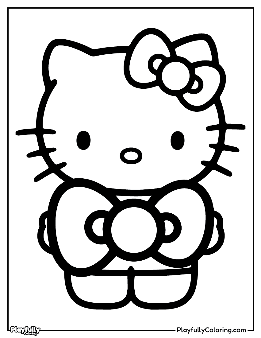 Hello Kitty cute pose coloring page – Hello Kitty in a simple front-facing pose with her classic bow, clean lines