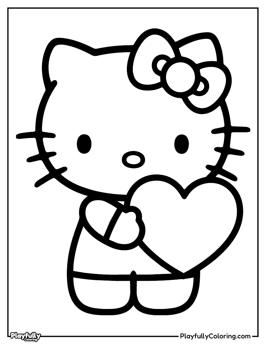 Hello Kitty with a heart coloring page – Hello Kitty holding a large heart with both hands