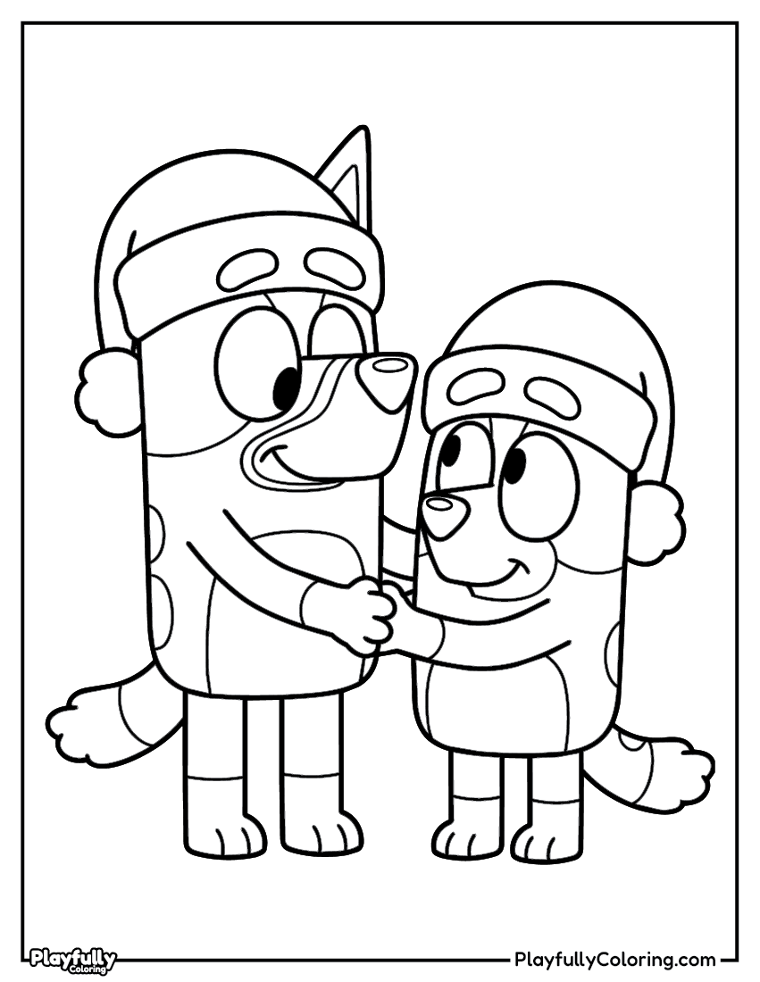 bluey and bingo hugging coloring page free printable