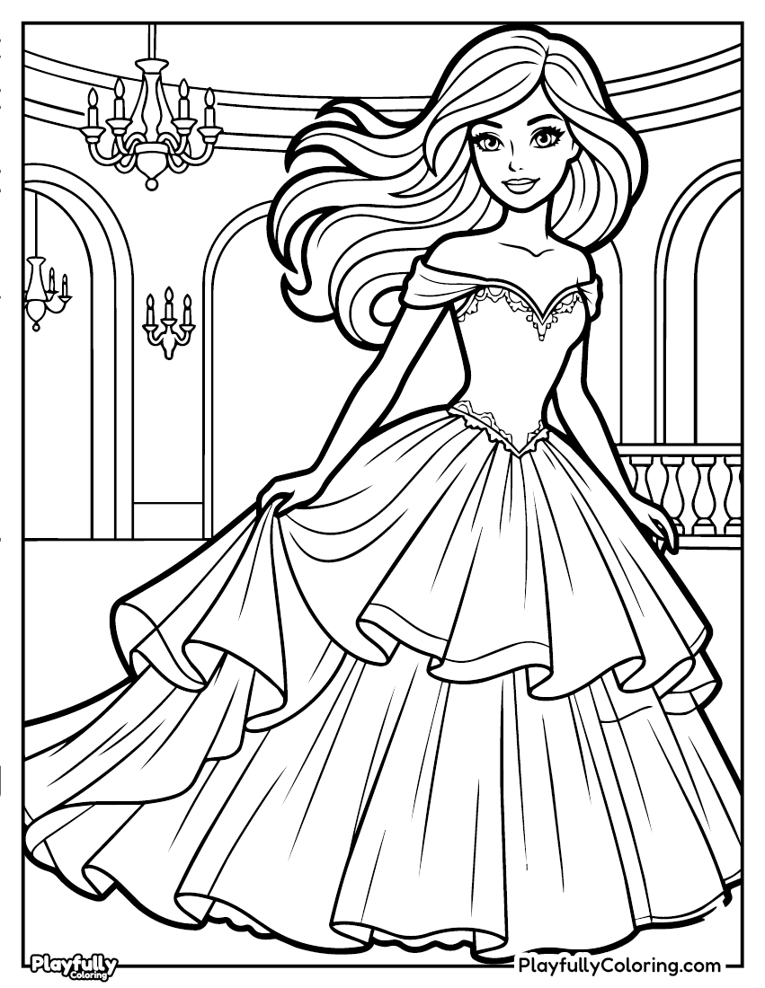 Barbie Coloring Pages Barbie elegant gown chandelier coloring page
