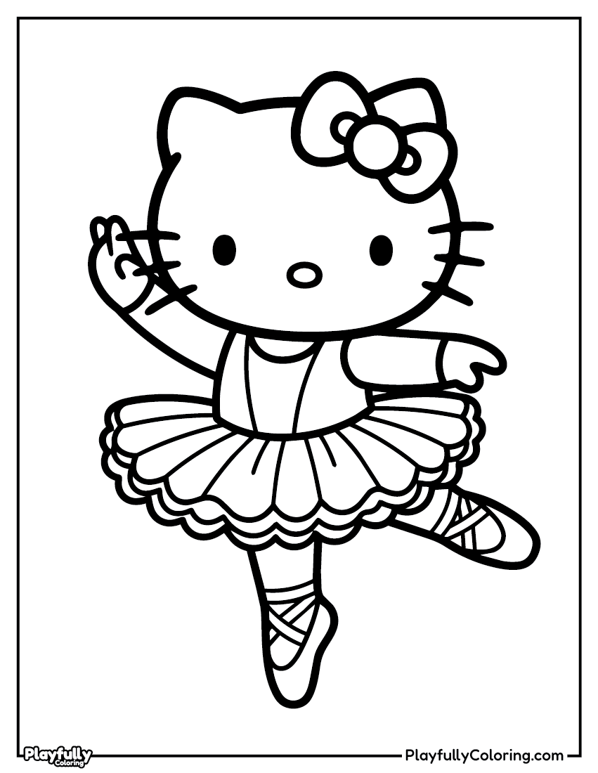 Hello Kitty ballerina coloring page – Hello Kitty in a tutu and ballet shoes doing a pirouette