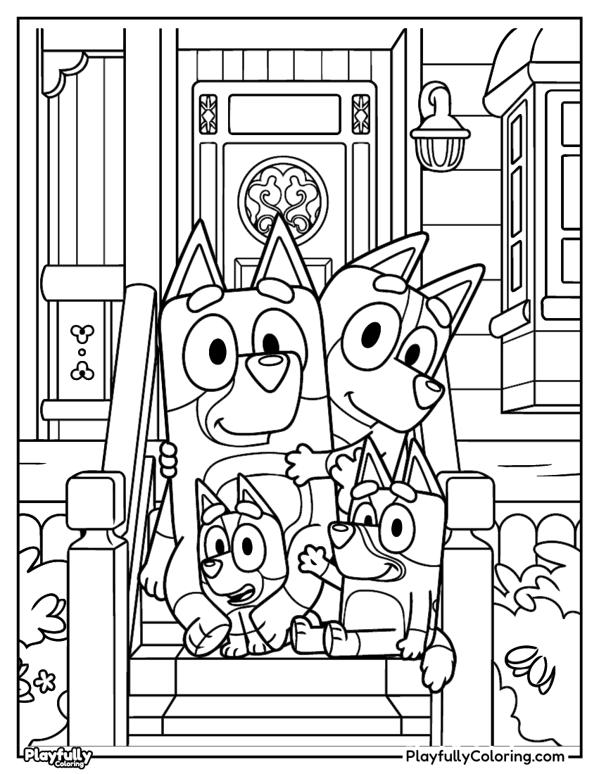 bluey heeler family at the door coloring page free printable