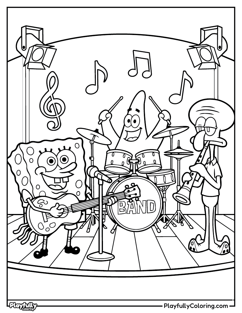 SpongeBob Coloring Pages Spongebob rock band scene coloring page
