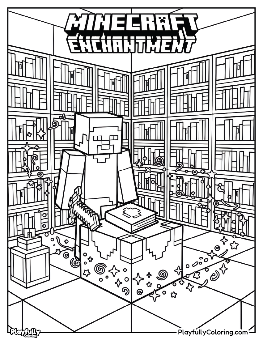 Minecraft Coloring Pages steve at enchantment table coloring page