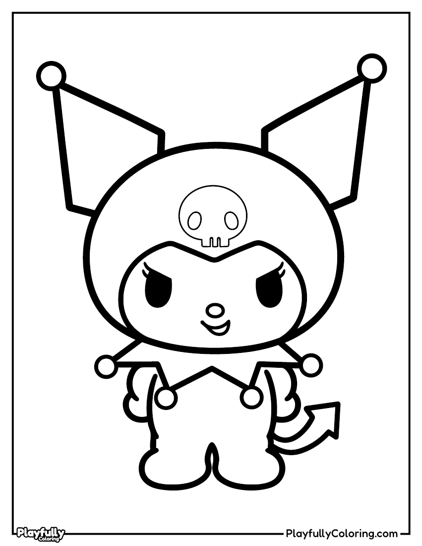 Kuromi coloring page – Kuromi in her black jester hat with skull motif, arms crossed