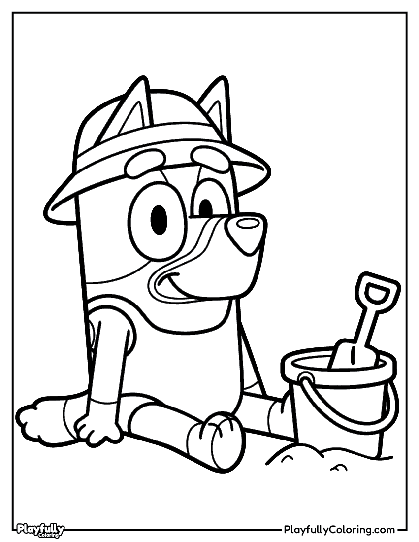 bluey and bandit at the beach with bucket coloring page free printable
