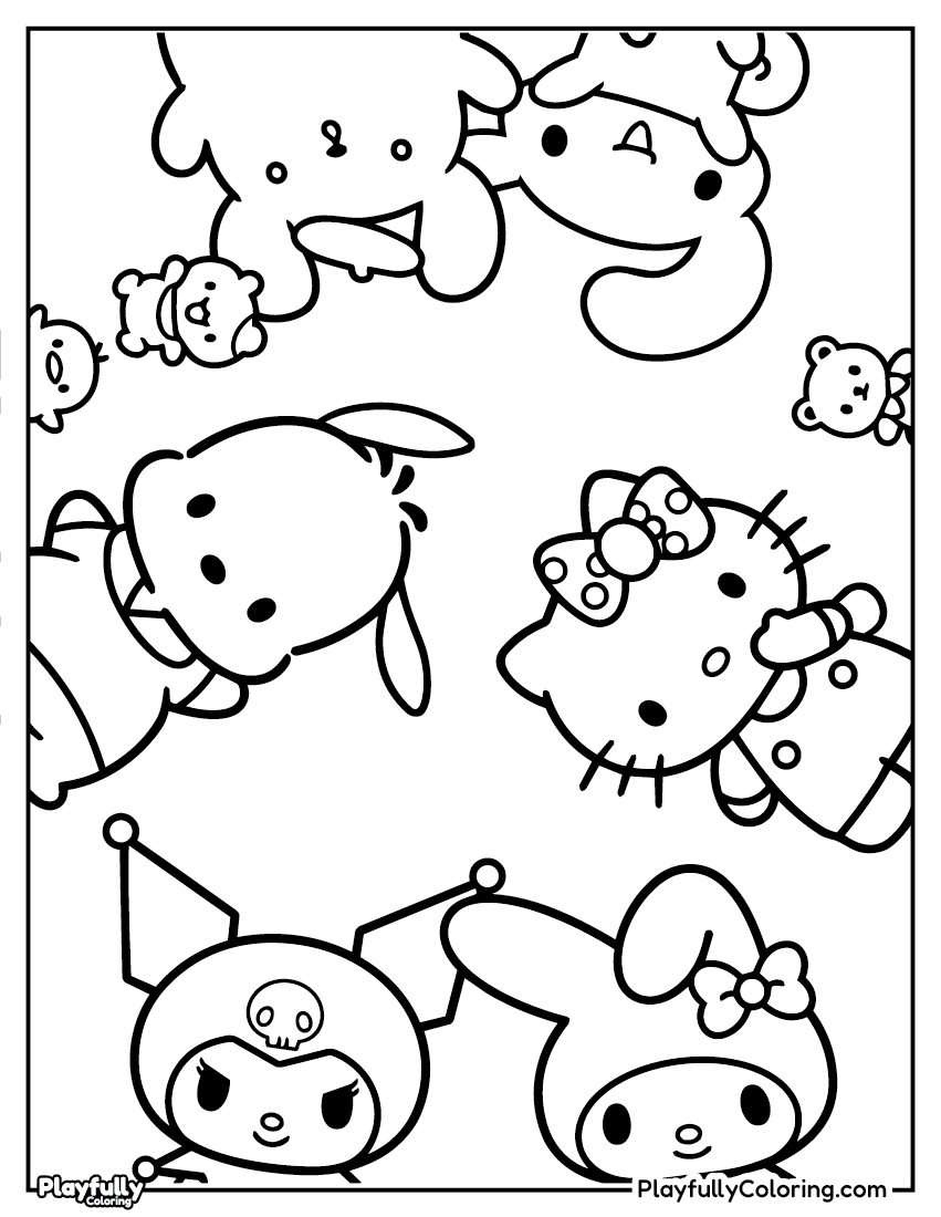 Hello Kitty Sanrio friends group coloring page – Hello Kitty with Cinnamoroll and Sanrio friends in a group scene