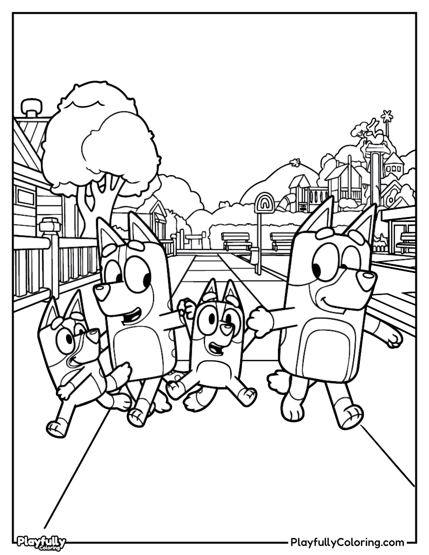 bluey heeler family walking together coloring page free printable