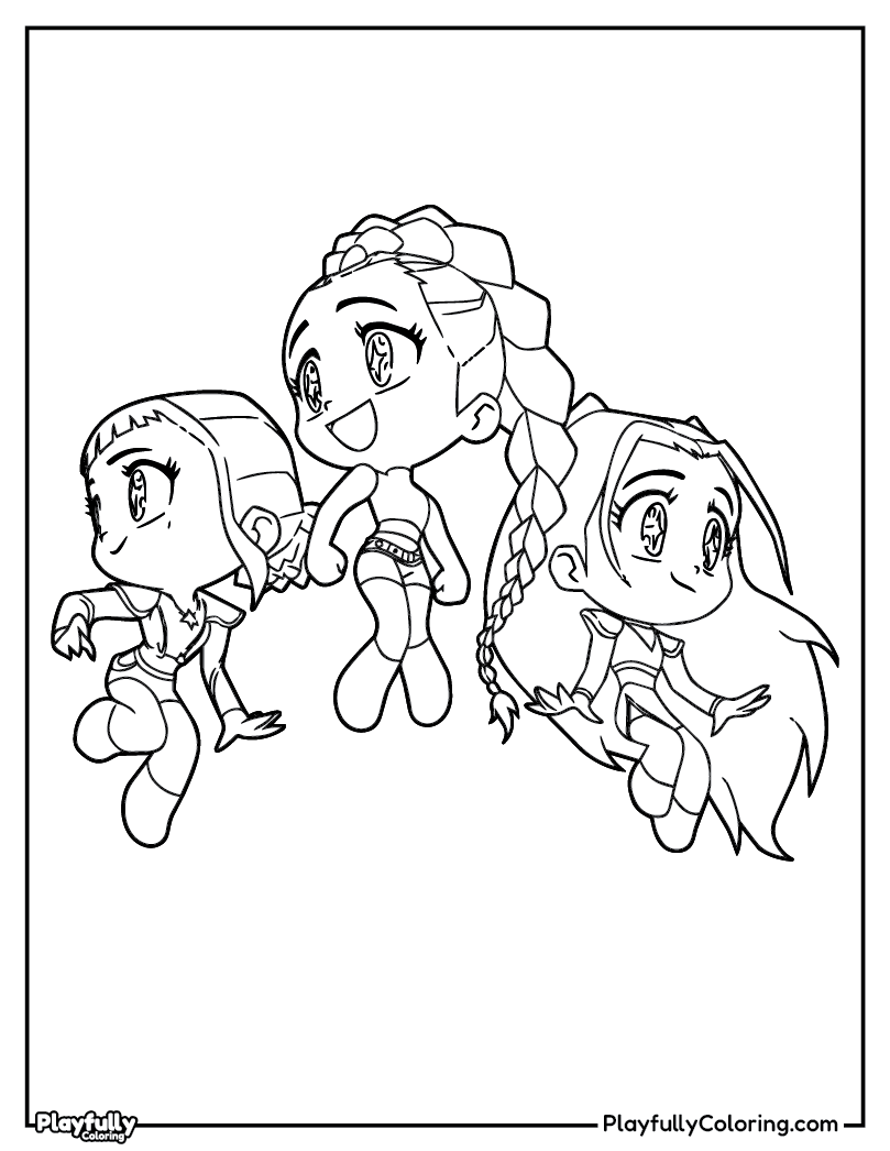 KPop Demon Hunters Coloring Pages chibi huntrix rumi mira zoey cute coloring page