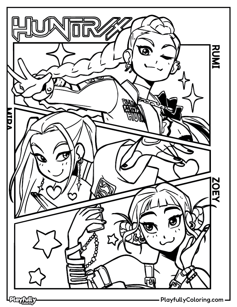KPop Demon Hunters Coloring Pages huntrix comic panel rumi mira zoey coloring page