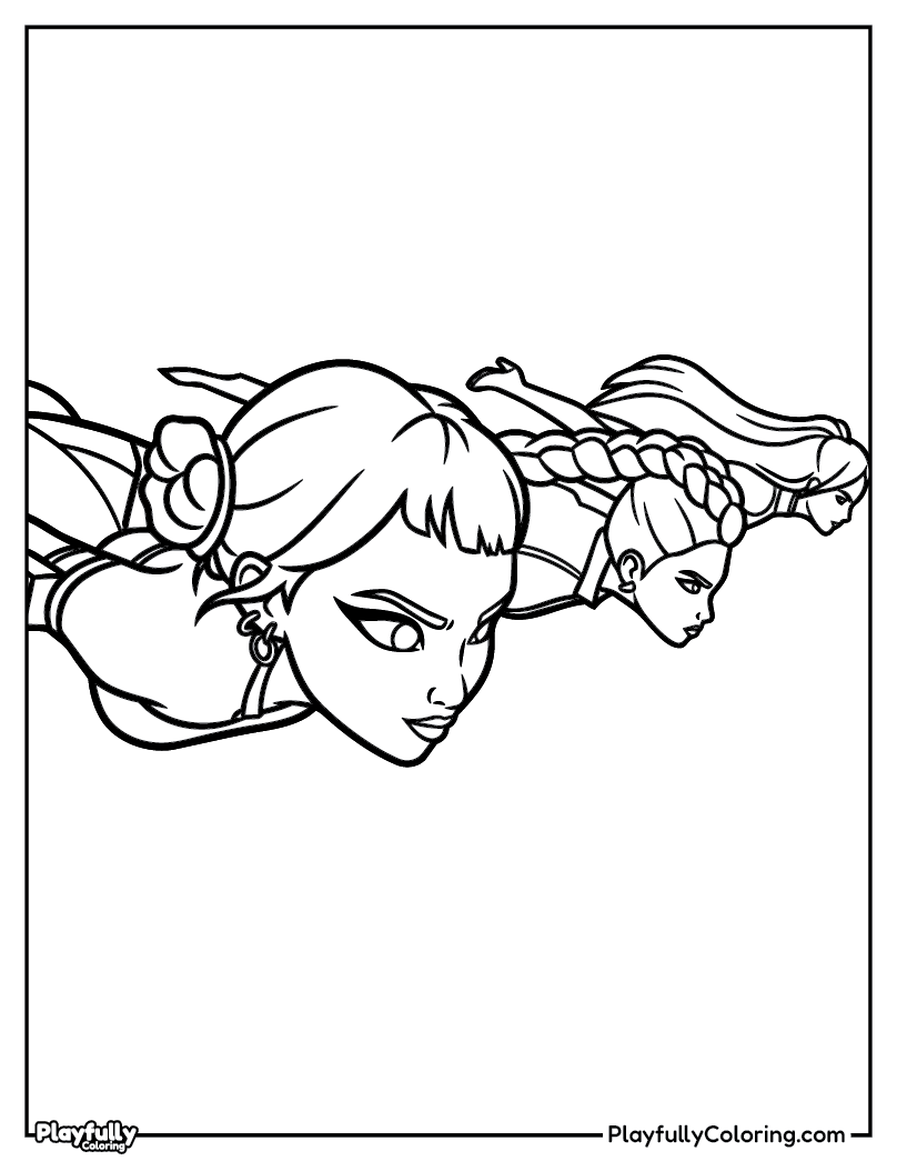 KPop Demon Hunters Coloring Pages huntrix group rumi mira zoey pose coloring page