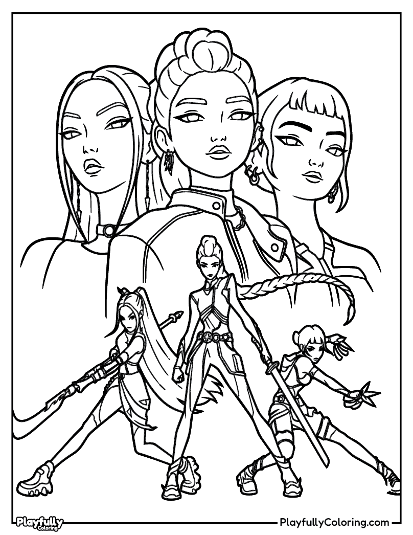 KPop Demon Hunters Coloring Pages huntrix montage rumi mira zoey portrait coloring page