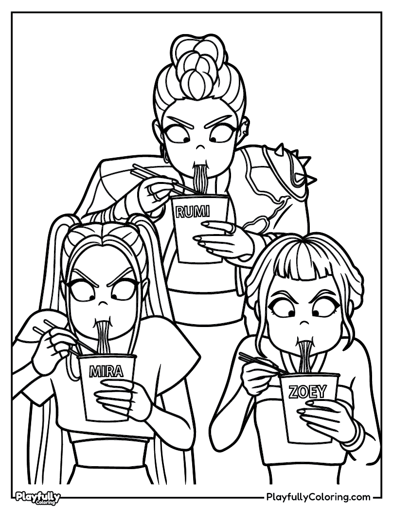 KPop Demon Hunters Coloring Pages huntrix eating ramen rumi mira zoey coloring page