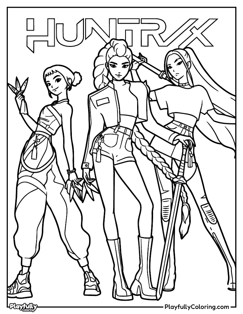 KPop Demon Hunters Coloring Pages huntrix trio rumi mira zoey coloring page
