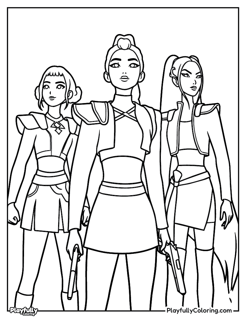 KPop Demon Hunters Coloring Pages huntrix trio rumi mira zoey group coloring page