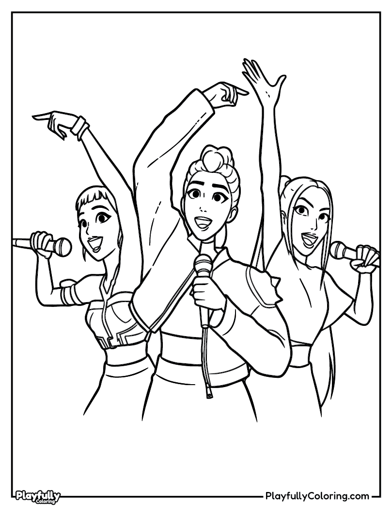 KPop Demon Hunters Coloring Pages huntrix vocalist trio rumi mira zoey coloring page