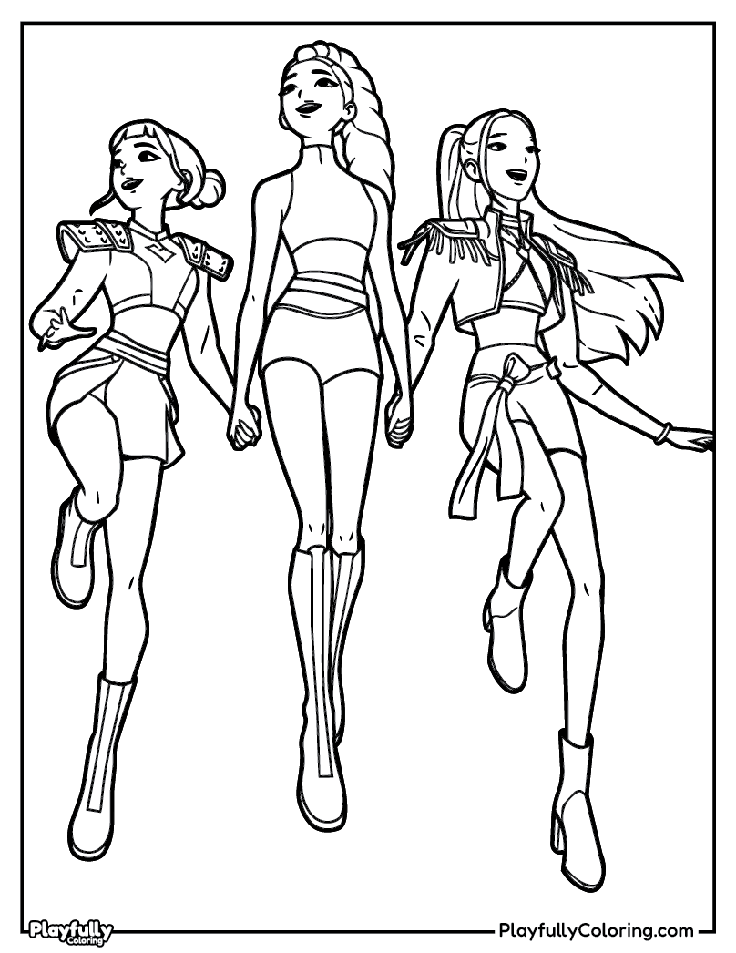 KPop Demon Hunters Coloring Pages huntrix walking together rumi mira zoey coloring page