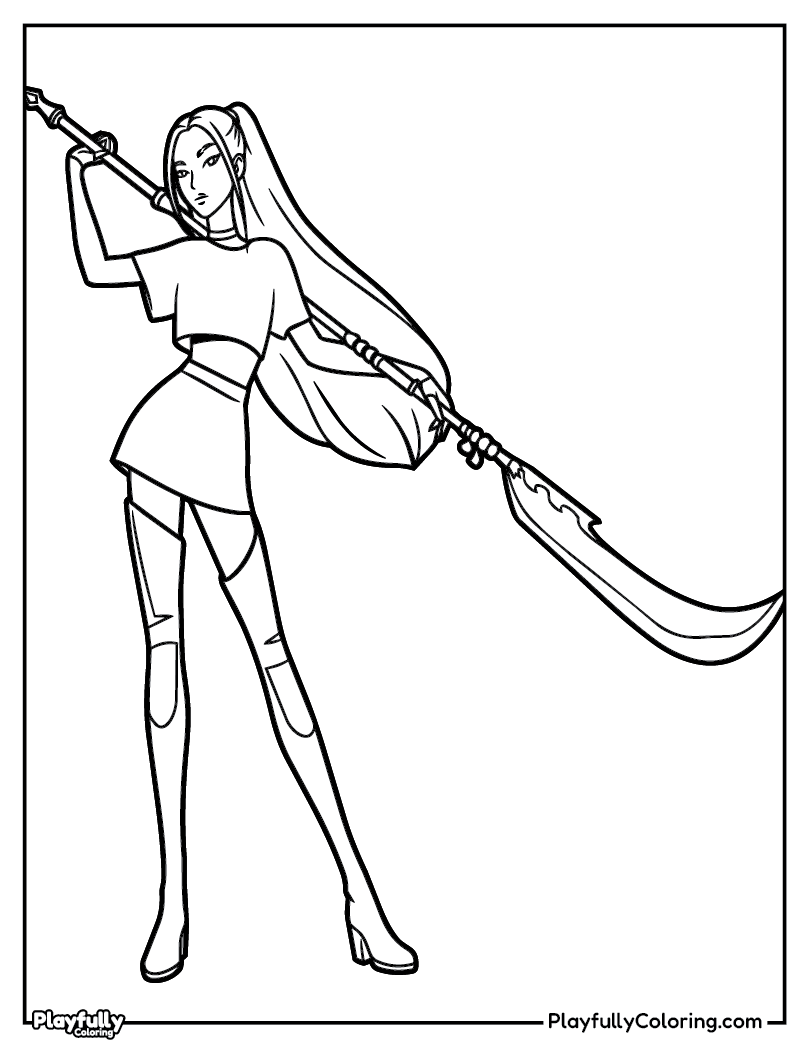 KPop Demon Hunters Coloring Pages mira huntrix scythe weapon action coloring page