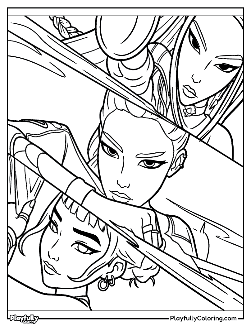 KPop Demon Hunters Coloring Pages mira zoey combat action close up coloring page