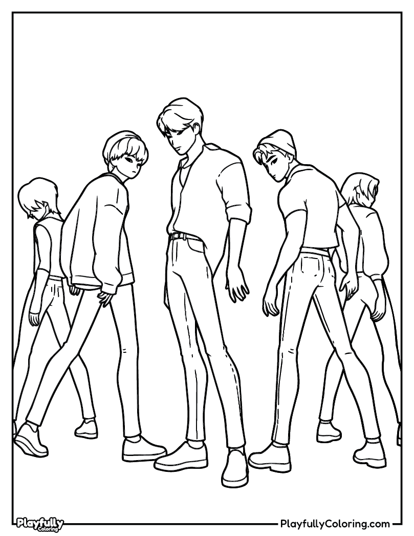 KPop Demon Hunters Coloring Pages saja boys trio back view coloring page