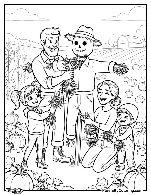 Halloween Coloring Pages Free Printable halloween family building a scarecrow coloring page