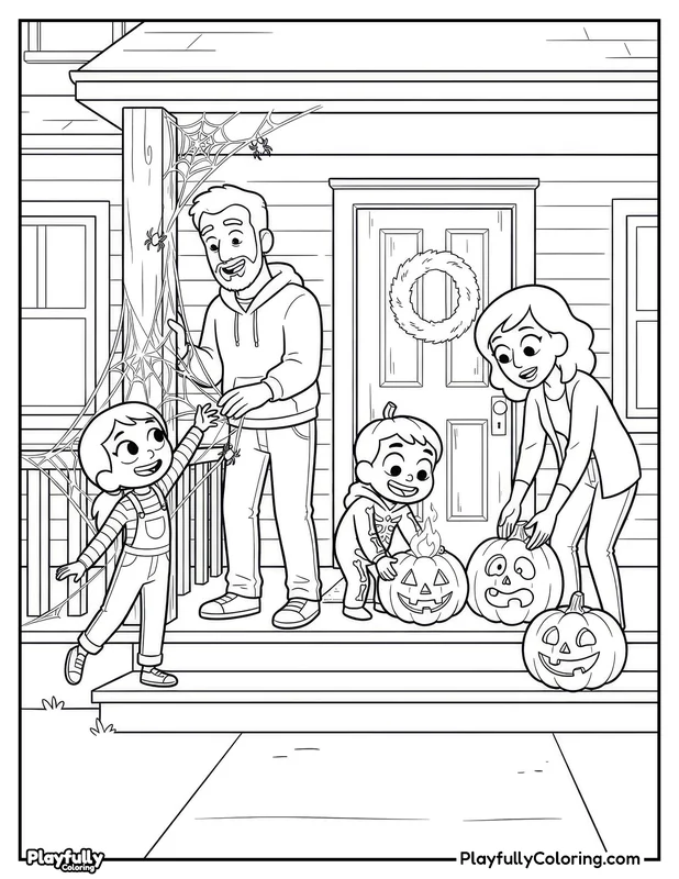 Halloween Coloring Pages Free Printable halloween family trick or treating at door coloring page