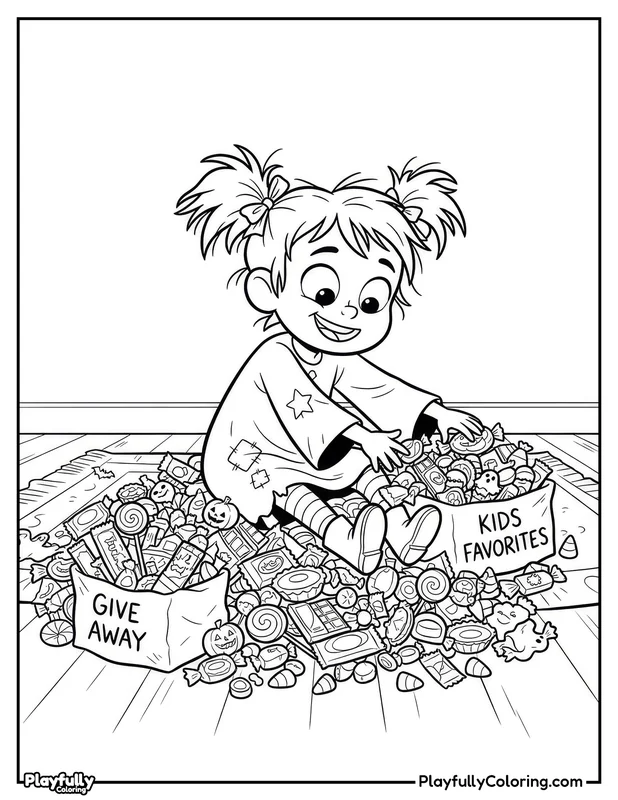 Halloween Coloring Pages Free Printable halloween girl sitting on candy pile coloring page
