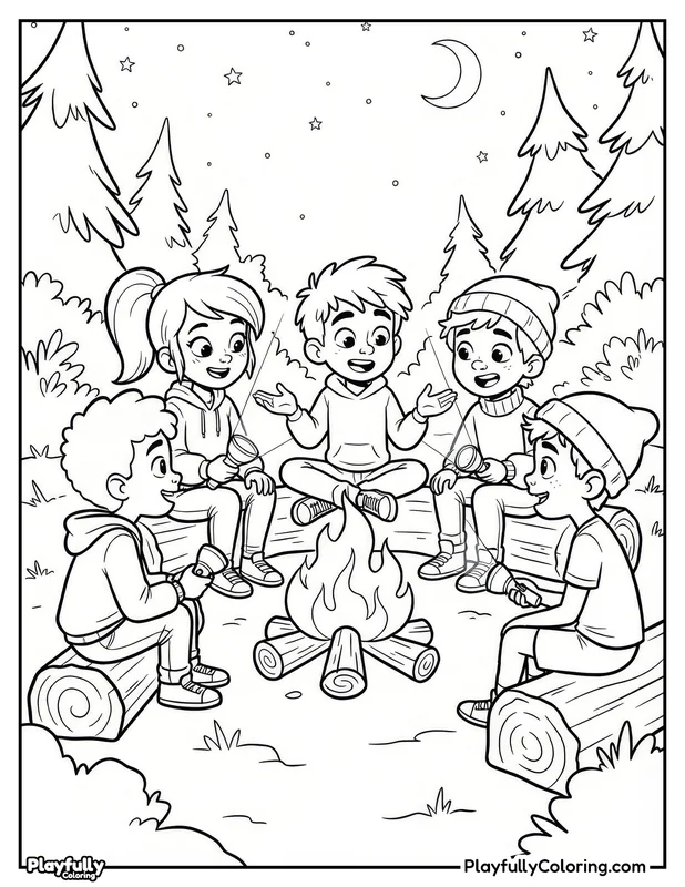 Halloween Coloring Pages Free Printable halloween kids around halloween campfire coloring page