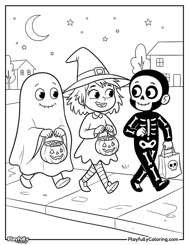 Halloween Coloring Pages Free Printable halloween kids trick or treating at night coloring page