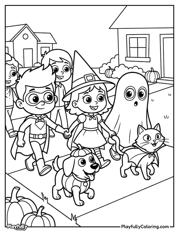 Halloween Coloring Pages Free Printable halloween kids trick or treating with pets coloring page
