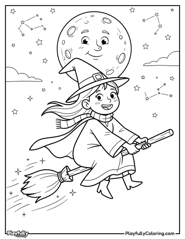 Halloween Coloring Pages Free Printable halloween witch flying under full moon coloring page
