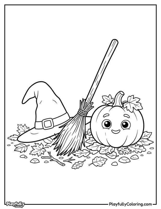 Halloween Coloring Pages Free Printable halloween witch hat broom and pumpkin coloring page